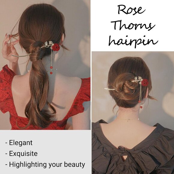 Retro Rose Flower Hair Clips Metal Pearl Tassel Hair Accessories for Women - Picture 3 of 8